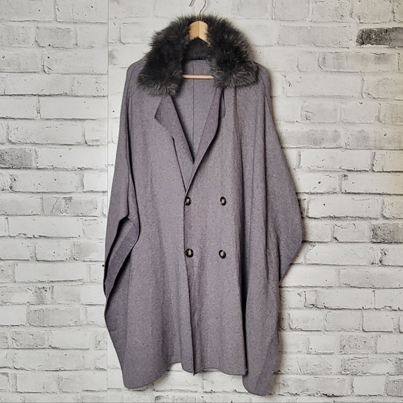 ZARA Coat Jacket Fur Collar Knit Cape Poncho Faux Coat Jacket - Picture 5 of 8